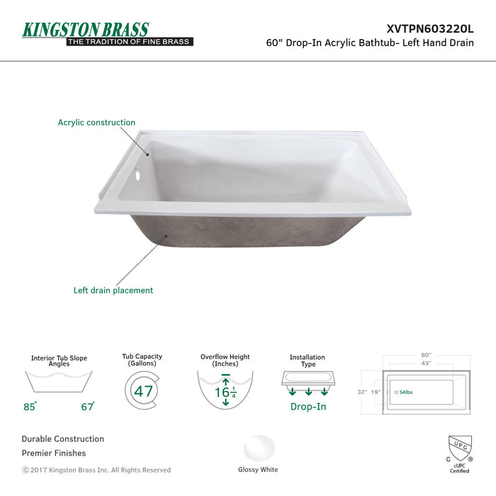 Aqua Eden XVTPN603220L 60-Inch Acrylic Rectangular Drop-In Tub, Left Hand Drain, Glossy White