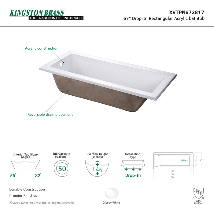 Aqua Eden XVTPN672817 67-Inch Acrylic Rectangular Drop-In Tub with Reversible Drain, Glossy White