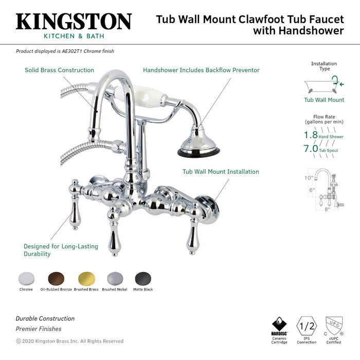 Aqua Vintage AE301T5 Three-Handle 2-Hole Tub Wall Mount Clawfoot Tub Faucet with Hand Shower, Oil Rubbed Bronze