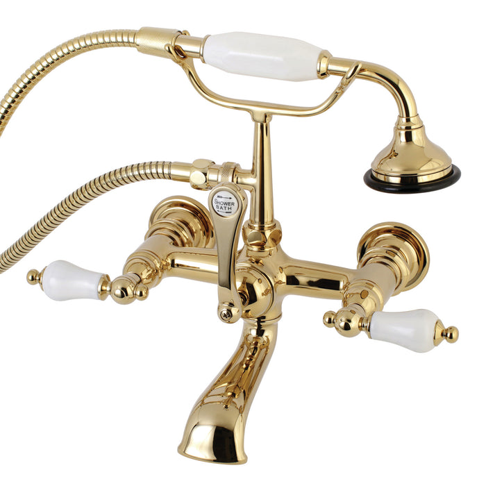 Aqua Vintage AE553T2 Three-Handle 2-Hole Tub Wall Mount Clawfoot Tub Faucet with Hand Shower, Polished Brass