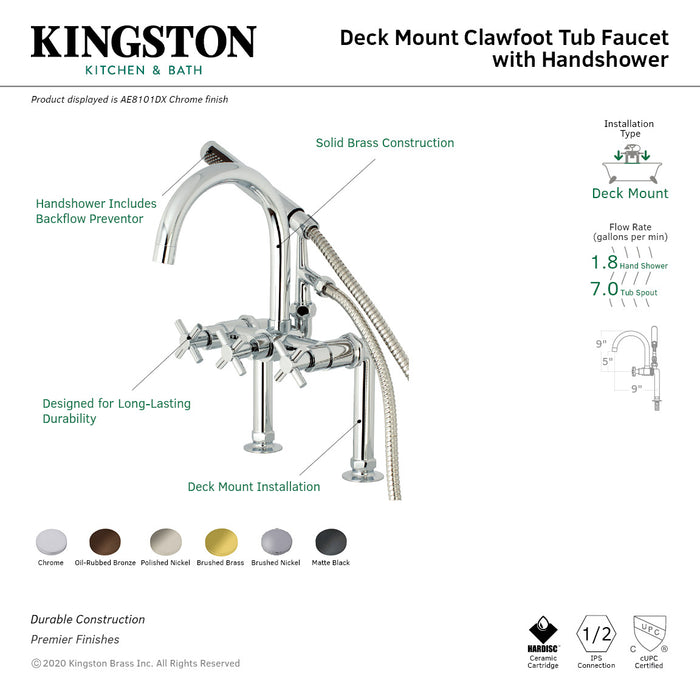 Concord AE8106DX Three-Handle 2-Hole Deck Mount Clawfoot Tub Faucet with Hand Shower, Polished Nickel