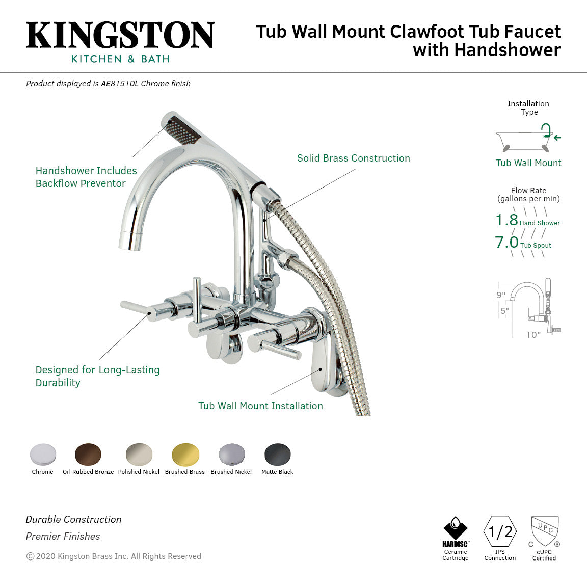 Concord AE8158DL Three-Handle 2-Hole Tub Wall Mount Clawfoot Tub Faucet  with Hand Shower, Brushed Nickel