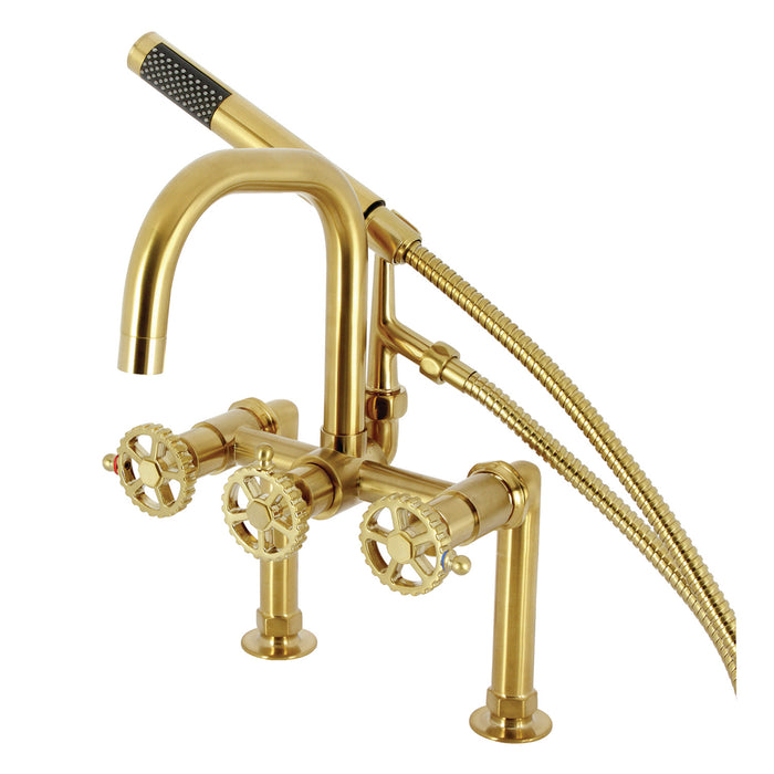 Fuller AE8407CG Three-Handle 2-Hole Deck Mount Clawfoot Tub Faucet with Hand Shower, Brushed Brass