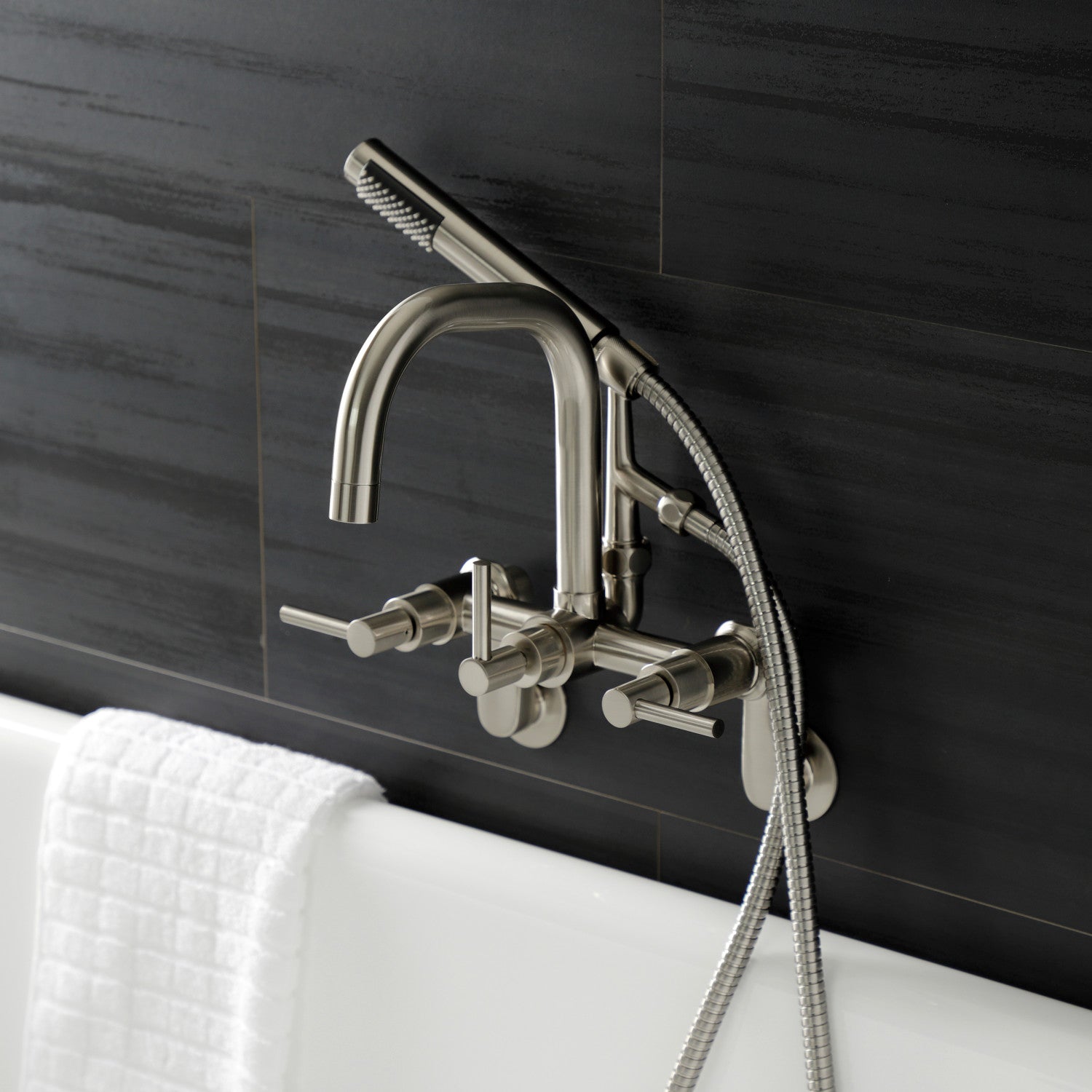 Kingston Brass AE8457DL Brushed Brass Concord Wall Mounted Clawfoot Tub  Filler with Built-In Diverter – Includes Hand Shower 