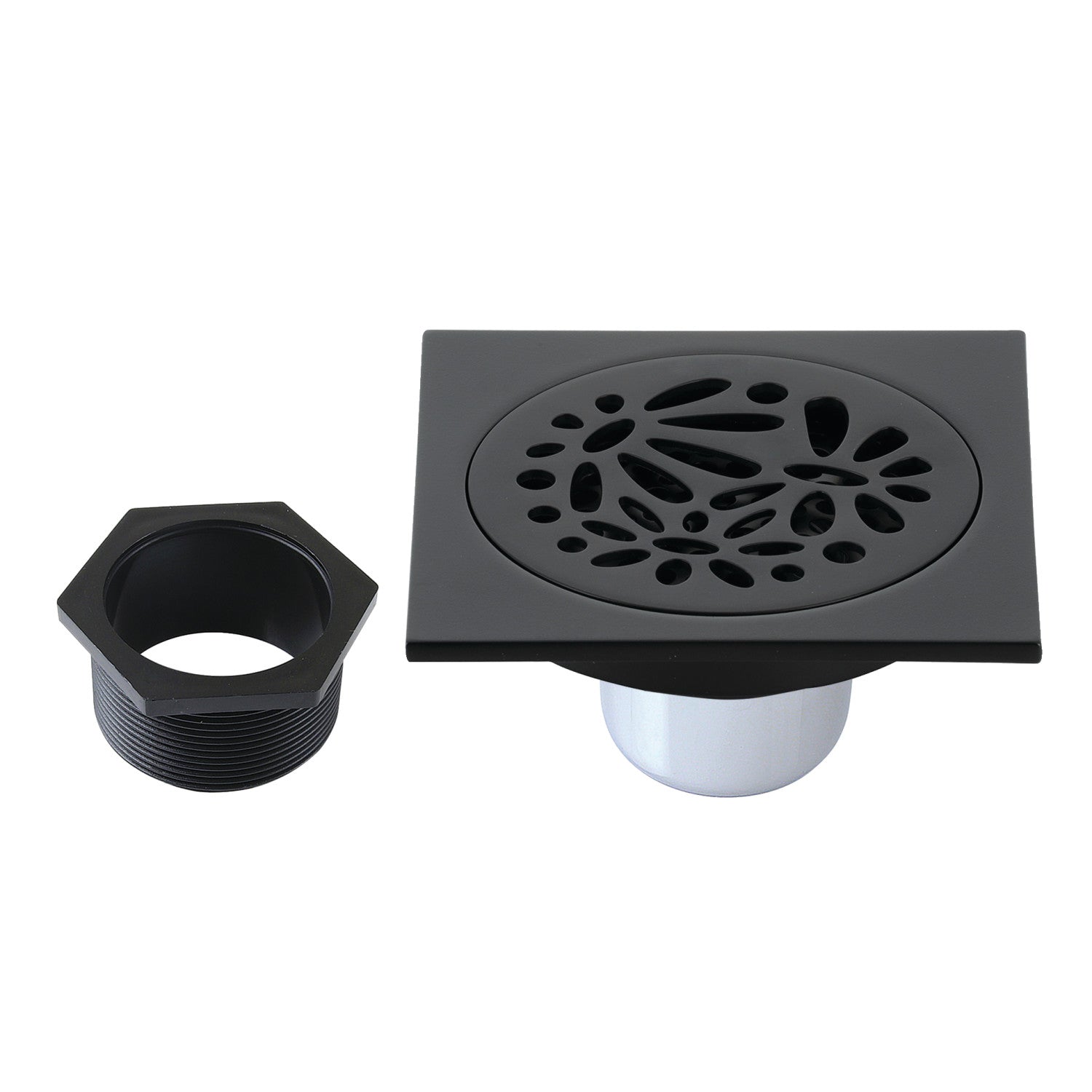 4 inch Matte Black Square Shower Drain with Hair Trap Set (3 Designs)