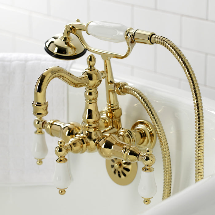 Heritage CA1011T2 Three-Handle 2-Hole Tub Wall Mount Clawfoot Tub Faucet with Hand Shower, Polished Brass