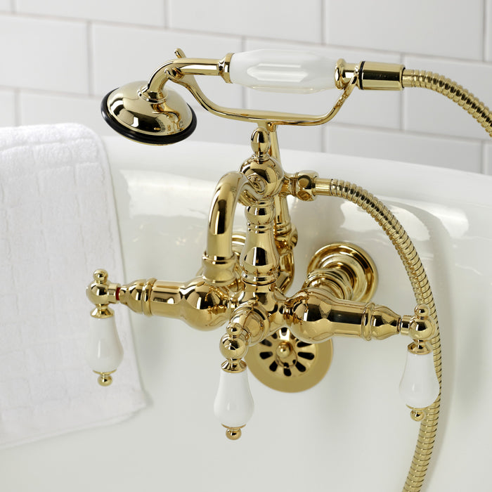 Heritage CA1011T2 Three-Handle 2-Hole Tub Wall Mount Clawfoot Tub Faucet with Hand Shower, Polished Brass