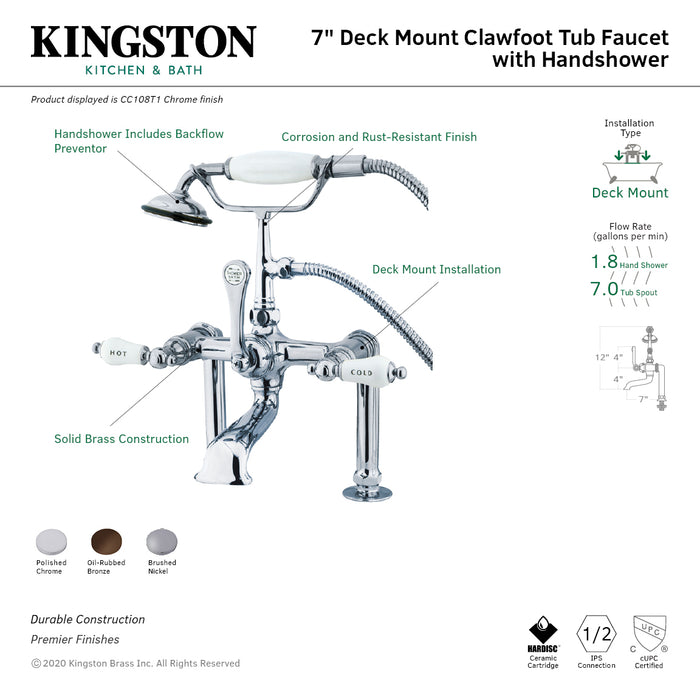 Vintage CC107T5 Three-Handle 2-Hole Deck Mount Clawfoot Tub Faucet with Hand Shower, Oil Rubbed Bronze