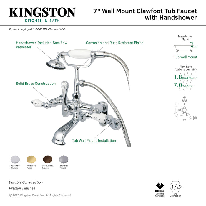 Vintage CC461T2 Three-Handle 2-Hole Tub Wall Mount Clawfoot Tub Faucet with Hand Shower, Polished Brass