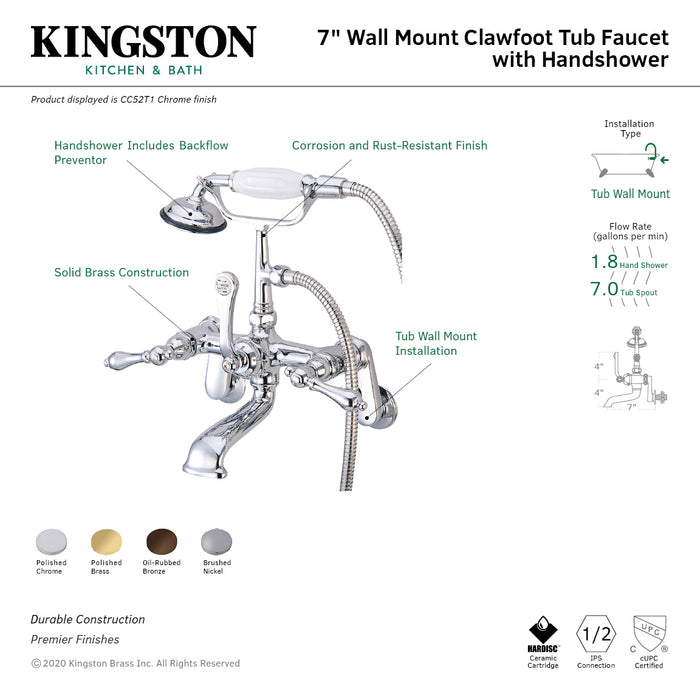 Vintage CC51T8 Three-Handle 2-Hole Tub Wall Mount Clawfoot Tub Faucet with Hand Shower, Brushed Nickel
