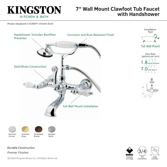 Vintage CC554T1 Three-Handle 2-Hole Tub Wall Mount Clawfoot Tub Faucet with Hand Shower, Polished Chrome