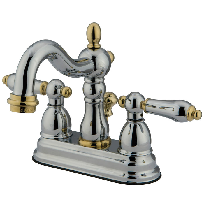 Heritage KB1604AL Two-Handle 3-Hole Deck Mount 4" Centerset Bathroom Faucet with Plastic Pop-Up, Polished Chrome/Polished Brass