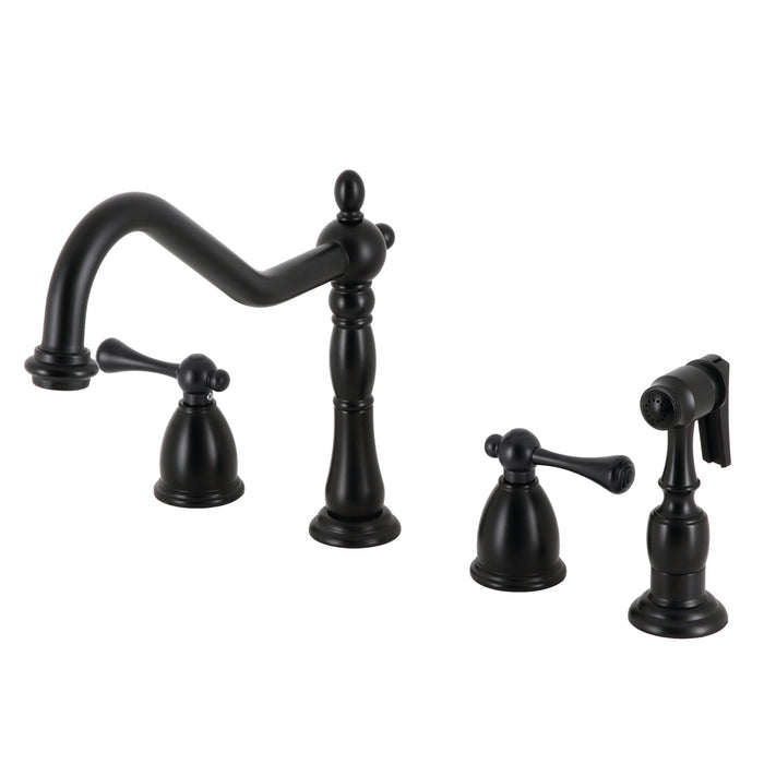 Heritage KB1790BLBS Two-Handle 4-Hole Deck Mount Widespread Kitchen Faucet with Brass Sprayer, Matte Black