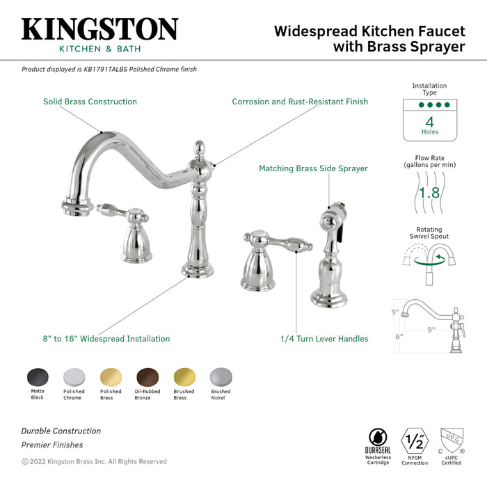 Tudor KB1791TALBS Two-Handle 4-Hole Deck Mount Widespread Kitchen Faucet with Brass Sprayer, Polished Chrome