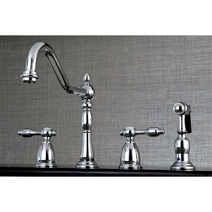 Tudor KB1791TALBS Two-Handle 4-Hole Deck Mount Widespread Kitchen Faucet with Brass Sprayer, Polished Chrome