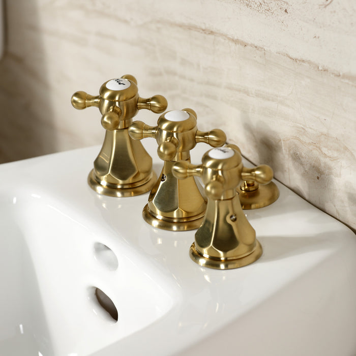 Metropolitan KB327BX Three-Handle Deck Mount Vertical Spray Bidet Faucet with Brass Pop-Up, Brushed Brass