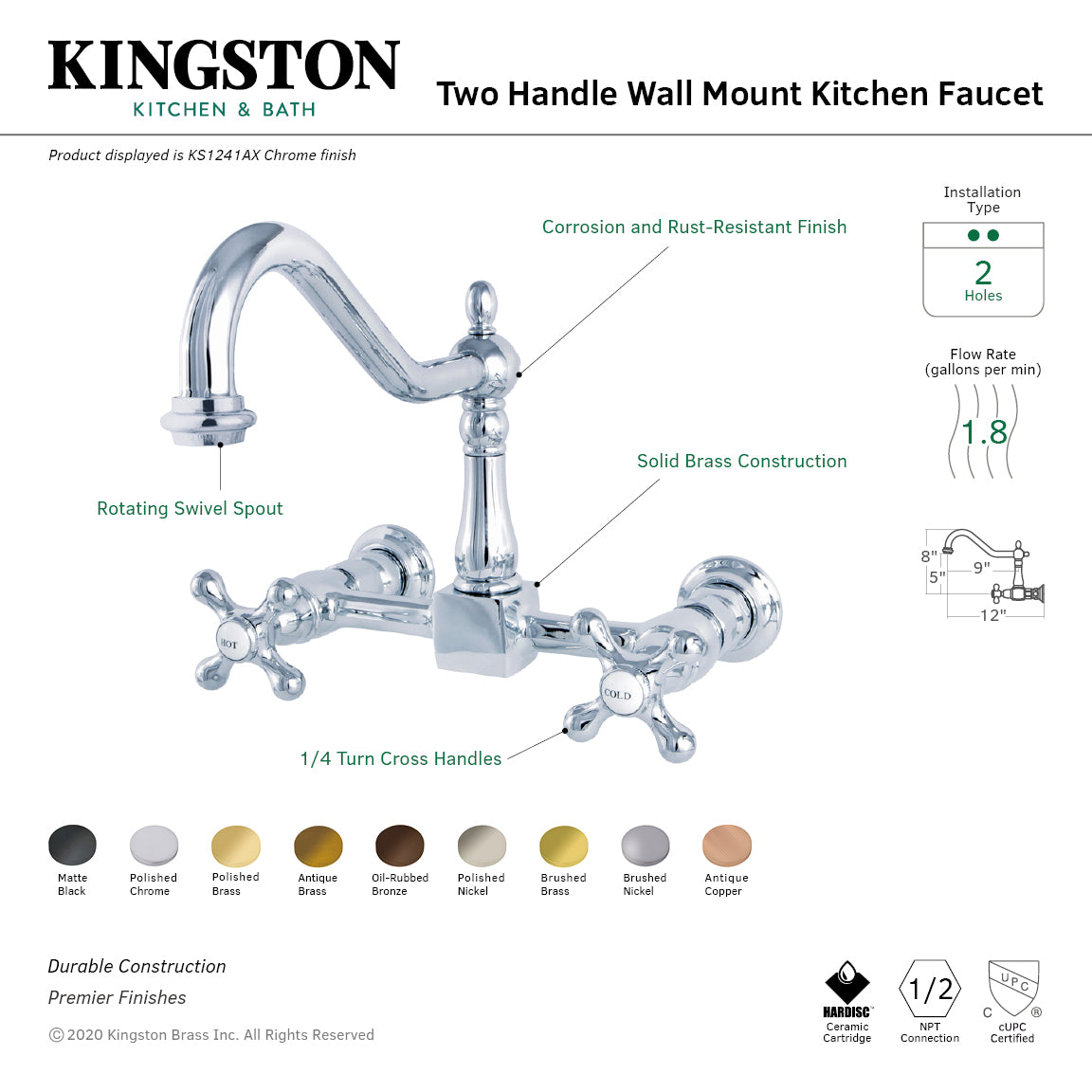 Kingston Brass KS1243AX Heritage Wall Mount Bridge Kitchen Faucet