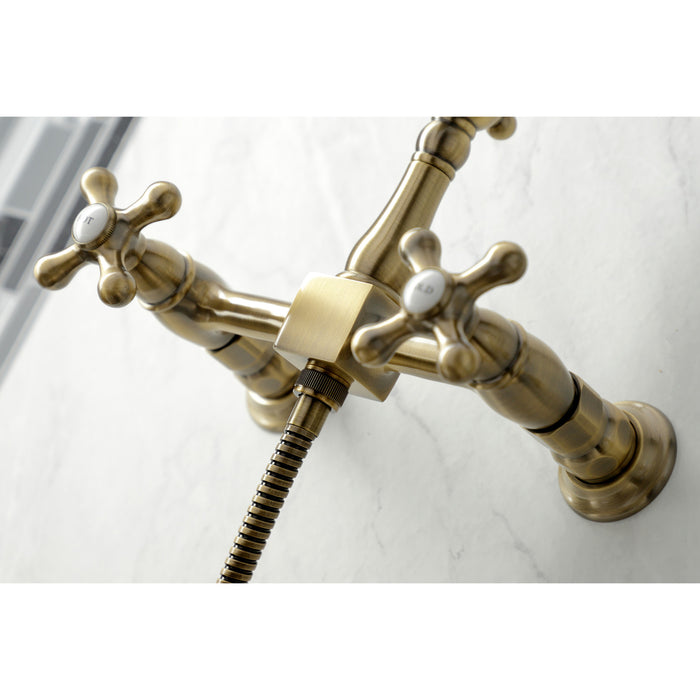 Kingston Brass KS1243AXBS Heritage 8-Inch Wall Mount Kitchen Faucet with  Brass Sprayer, Antique Brass 