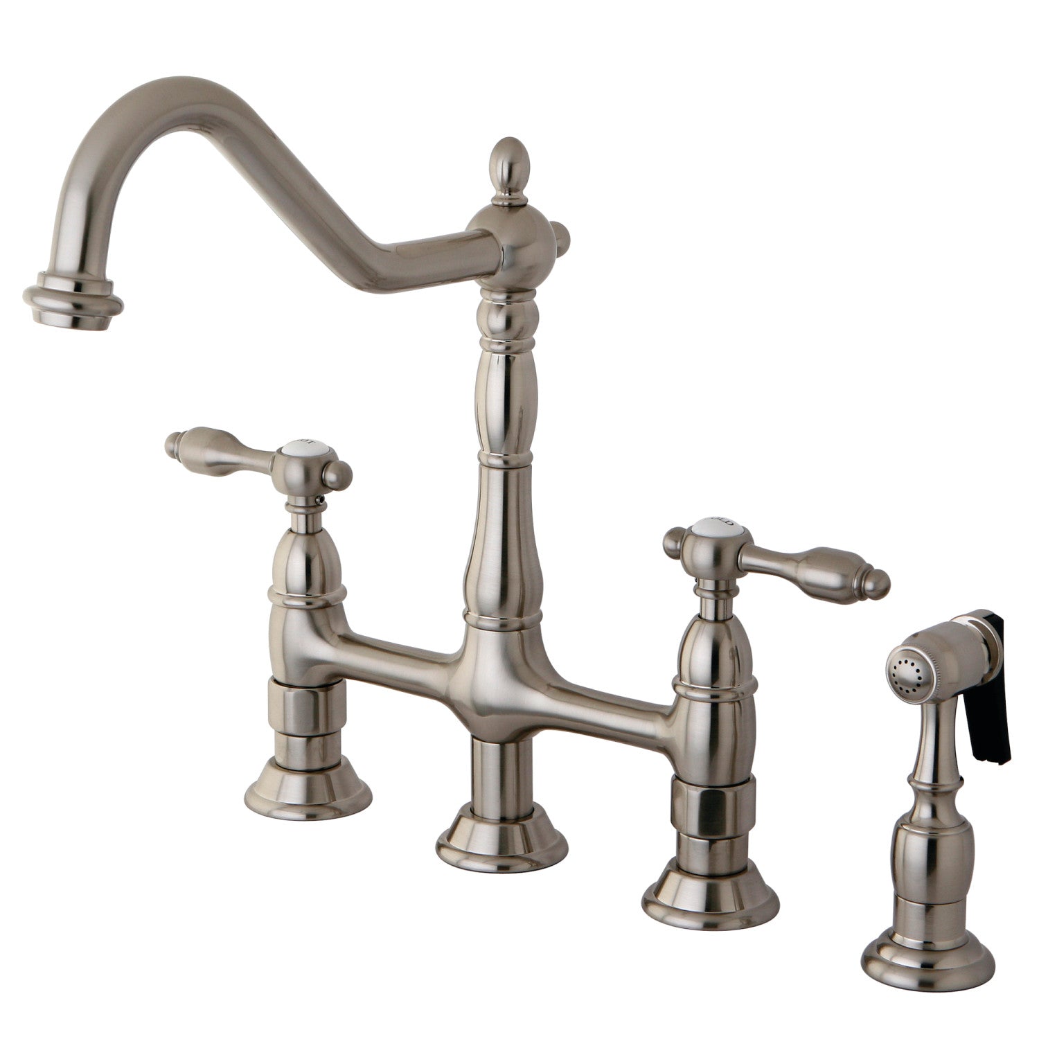 Kingston Brass Tudor KS1278TALBS Two-Handle 4-Hole Deck Mount Bridge  Kitchen Faucet w