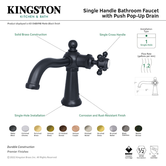 Nautical KS154BXBN One-Handle 1-Hole Bathroom Faucet with Push Pop-Up Drain, Brushed Nickel