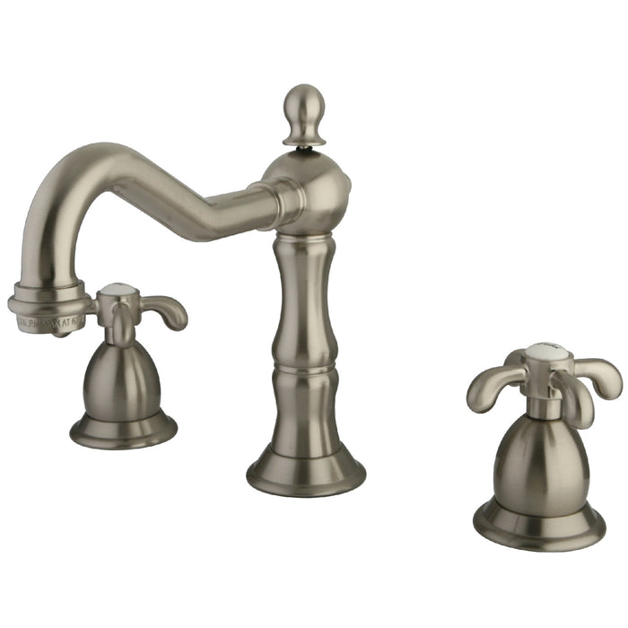 French Country KS1978TX Two-Handle 3-Hole Deck Mount Widespread Bathroom Faucet with Brass Pop-Up Drain, Brushed Nickel