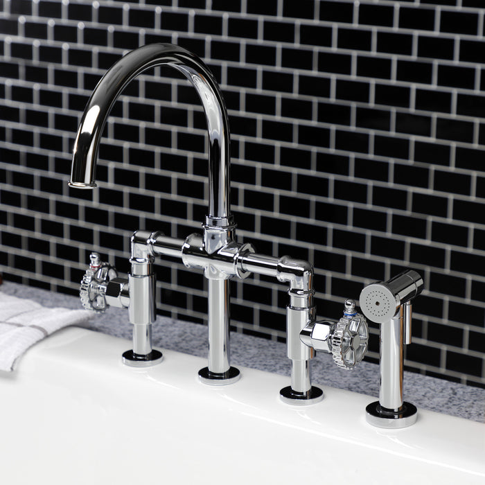 Fuller KS2331CG Two-Handle 4-Hole Deck Mount Industrial Style Bridge Kitchen Faucet with Brass Side Sprayer, Polished Chrome