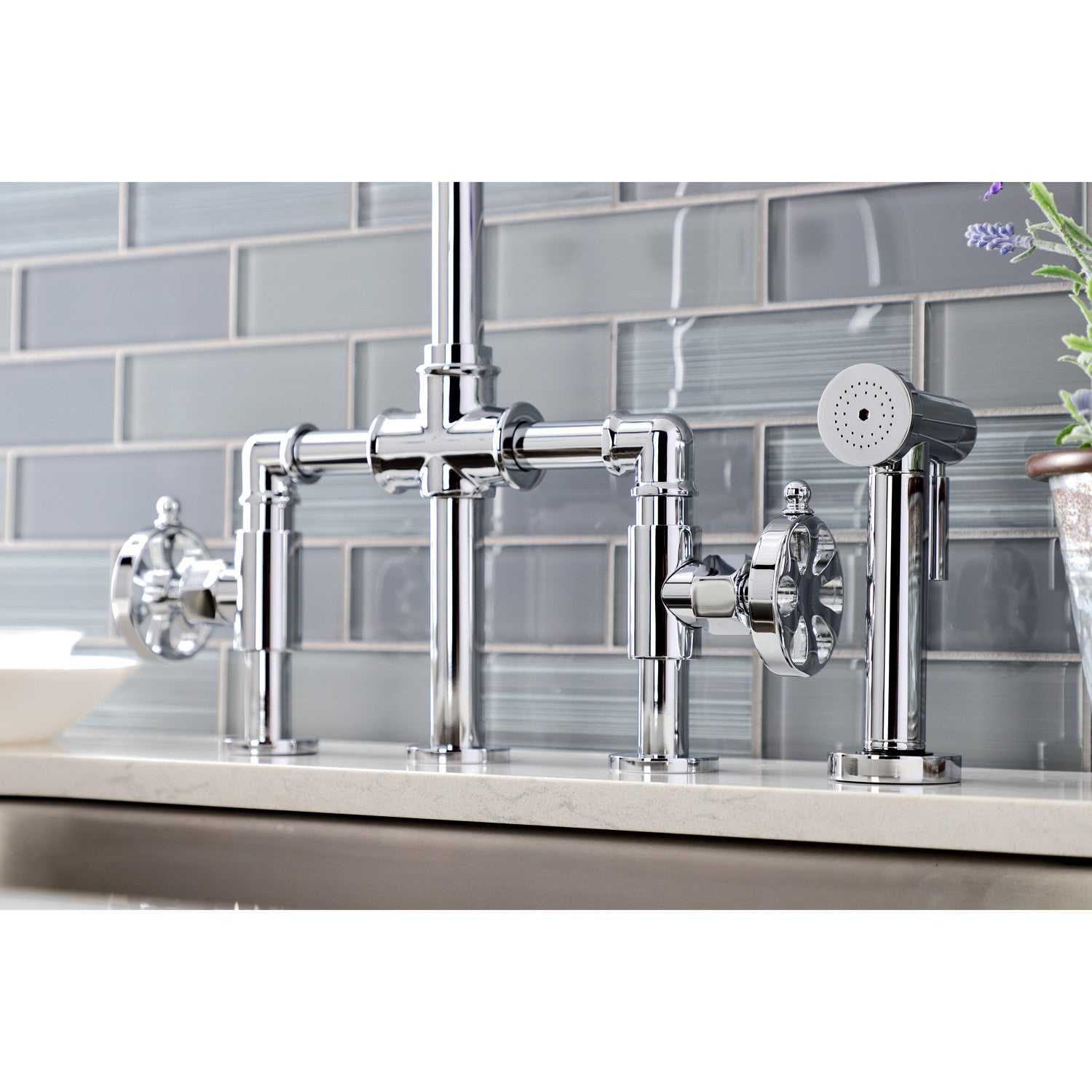 Belknap KS2331RX Two-Handle 4-Hole Deck Mount Bridge Kitchen Faucet with  Brass Sprayer, Polished Chrome