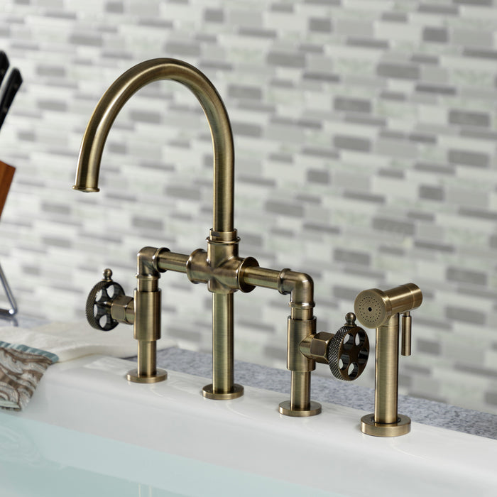 Webb KS2333RKX Two-Handle 4-Hole Deck Mount Bridge Kitchen Faucet with Knurled Handle and Brass Side Sprayer, Antique Brass