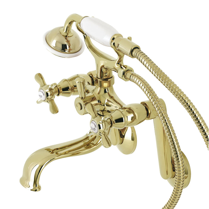 Kingston KS249PB Three-Handle 2-Hole Tub Wall Mount Clawfoot Tub Faucet with Hand Shower, Polished Brass