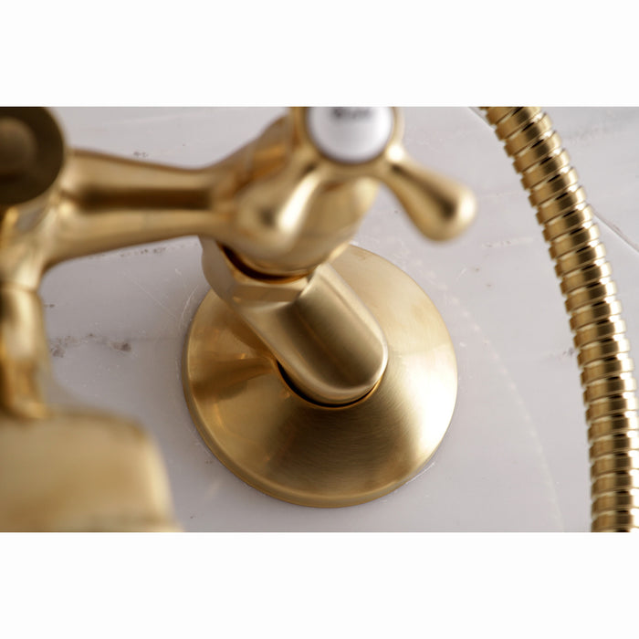 Kingston Brass KS265AB Antique Brass Kingston Wall Mounted Clawfoot Tub  Filler with Built-In Diverter - Includes Hand Shower 