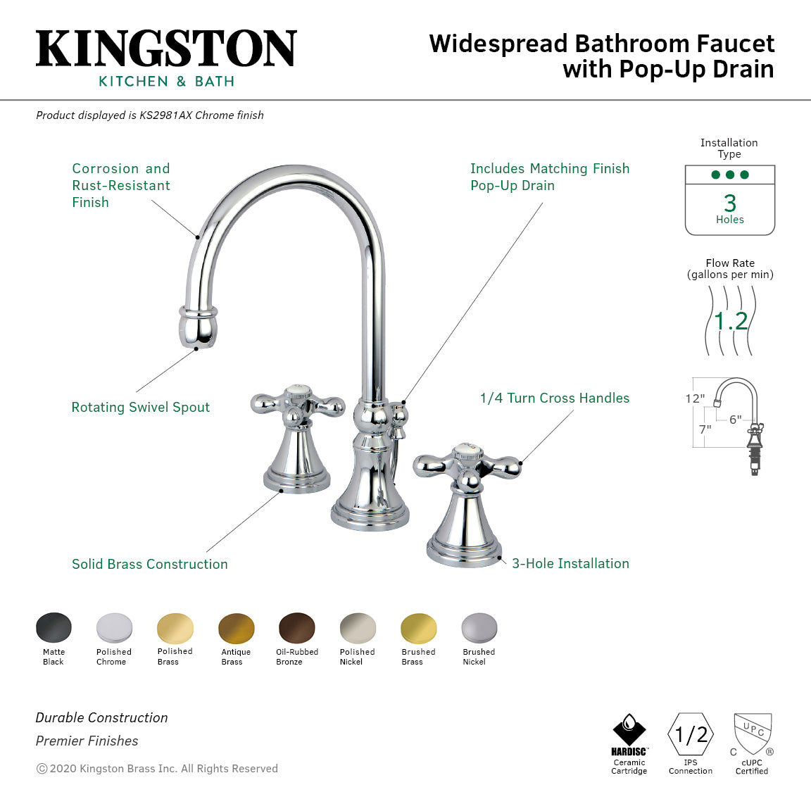 Kingston Brass Governor KS2983AX Two-Handle 3-Hole Deck Mount