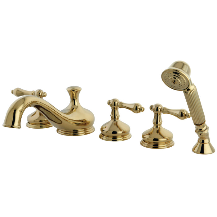 Restoration KS33325AL Three-Handle 5-Hole Deck Mount Roman Tub Faucet with Hand Shower, Polished Brass