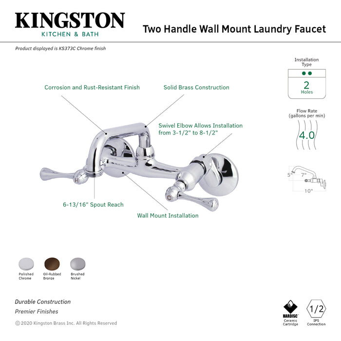 Kingston Brass Kingston KS373C Two-Handle 2-Hole Wall Mount Laundry Faucet,  Polished