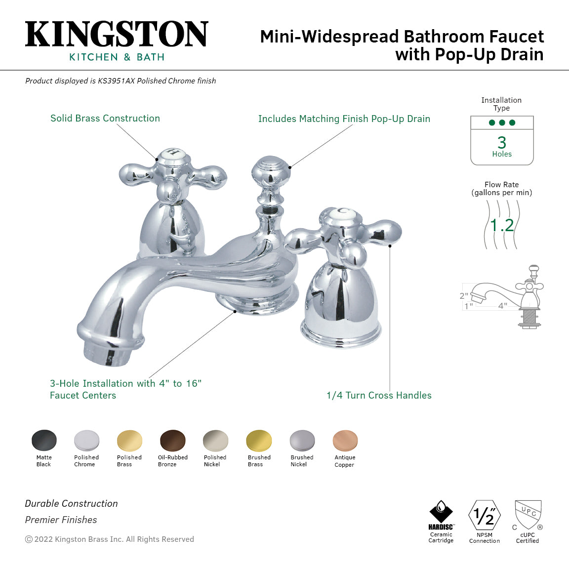 Restoration KS3951AX Two-Handle 3-Hole Deck Mount Mini-Widespread Bathroom  Faucet with Brass Pop-Up, Polished Chrome