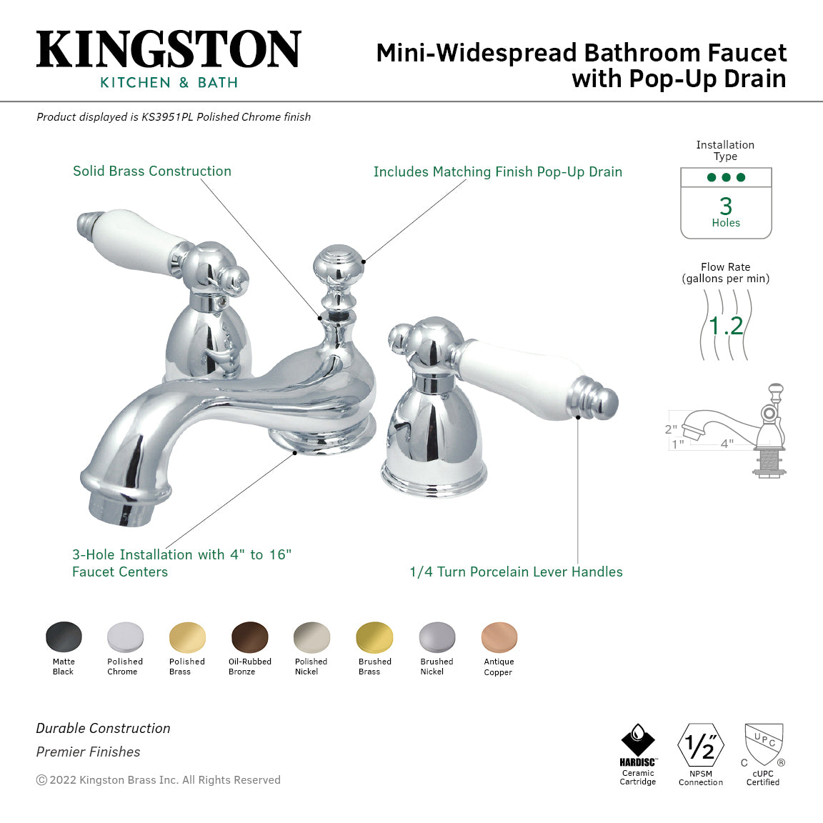 Kingston Brass KB8952FL Mini-Widespread Bathroom Faucet, Polished