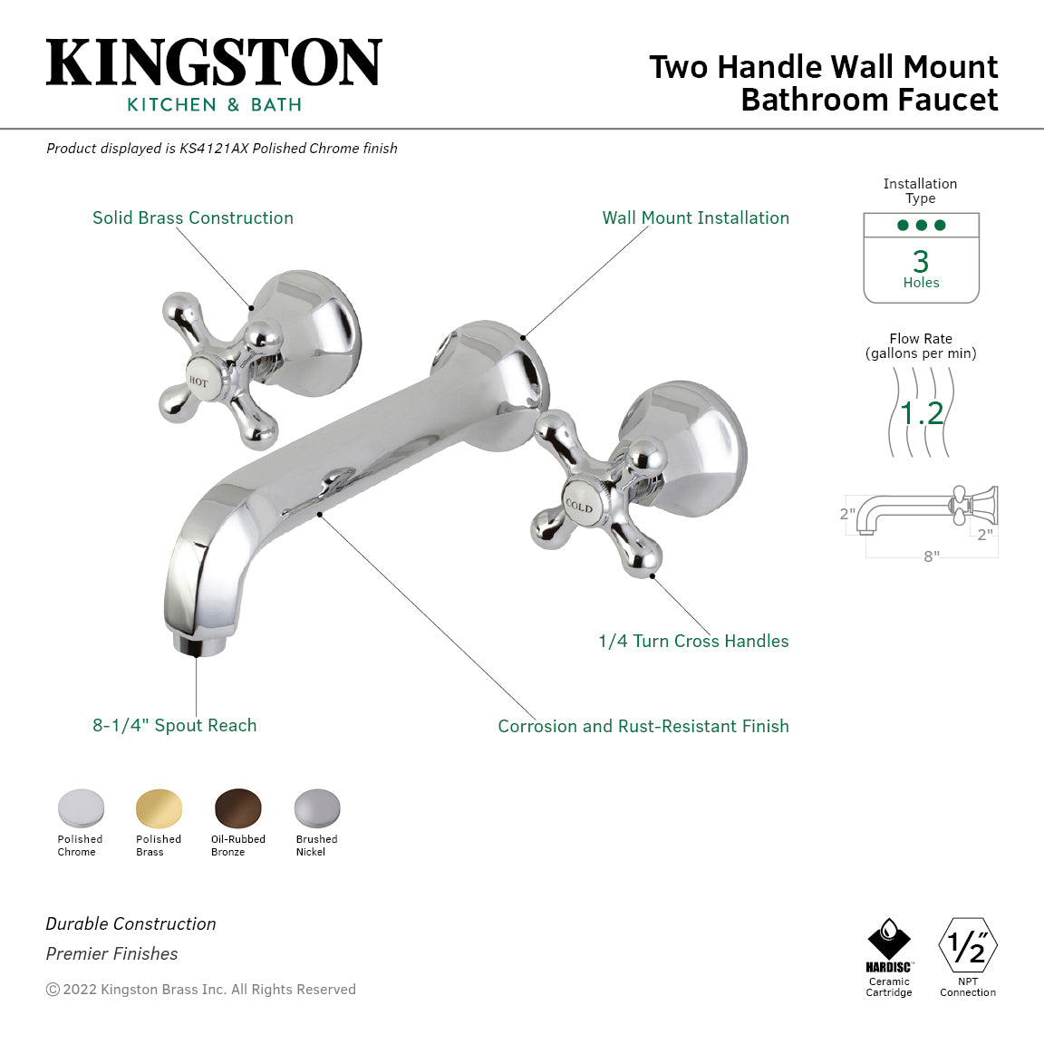 Kingston Brass Concord KS8122DL Two-Handle 3-Hole Wall Mount Bathroom  Faucet, Polishe