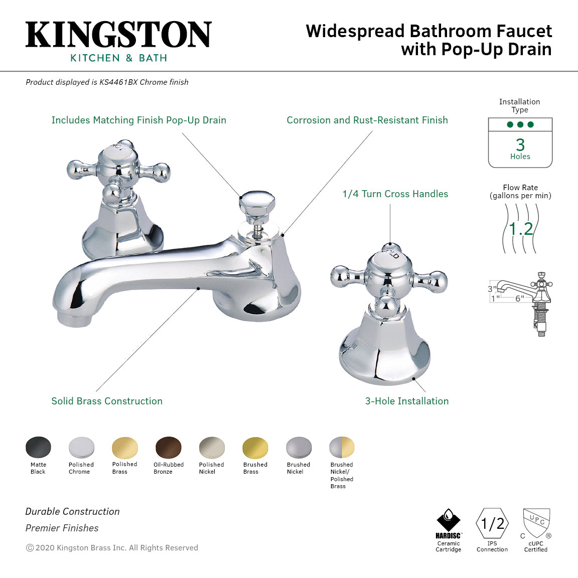 Kingston Brass KC7062BPL 8 in. Widespread Bathroom Faucet, Polished Brass