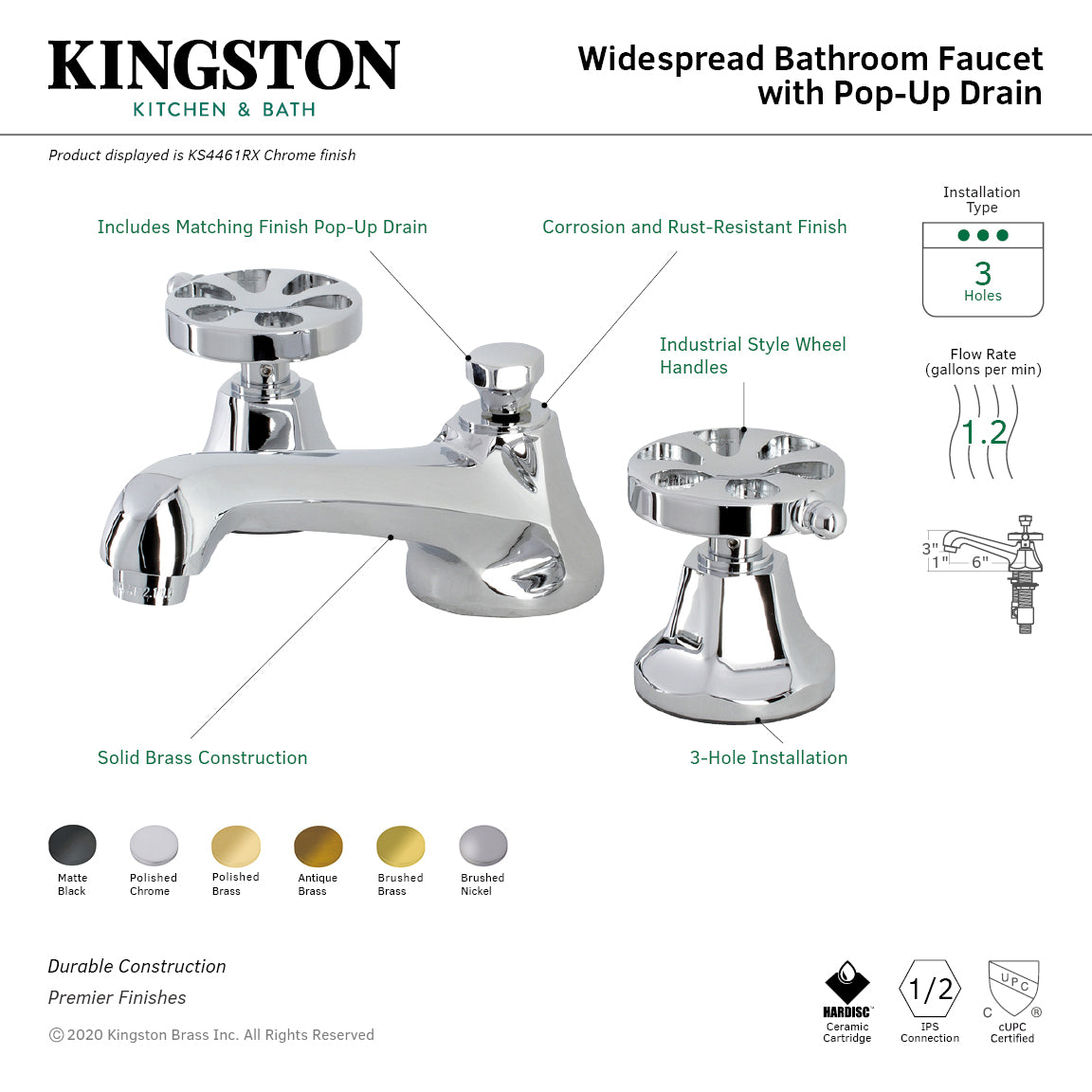 Belknap KS4468RX Two-Handle 3-Hole Deck Mount Widespread Bathroom Faucet  with Brass Pop-Up, Brushed Nickel