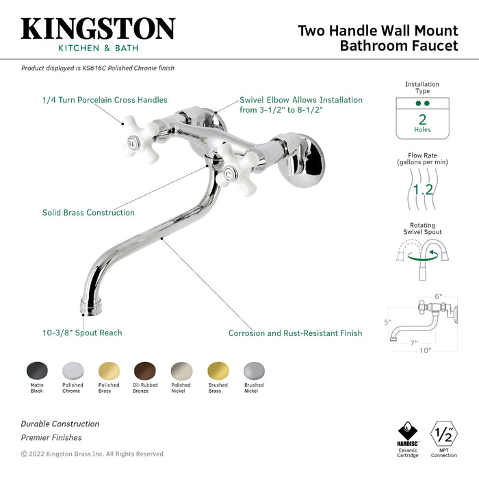 Kingston KS616PB Two-Handle 2-Hole Wall Mount Bathroom Faucet, Polished Brass