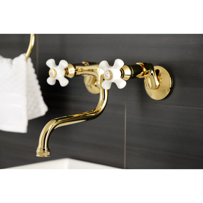 Kingston KS616PB Two-Handle 2-Hole Wall Mount Bathroom Faucet, Polished Brass