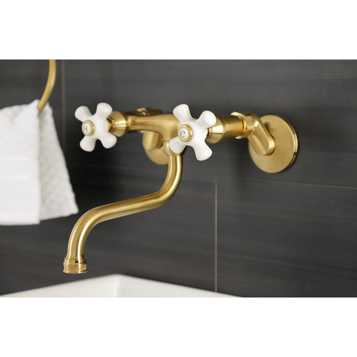 Kingston KS616SB Double-Handle 2-Hole Wall Mount Bathroom Faucet, Brushed Brass