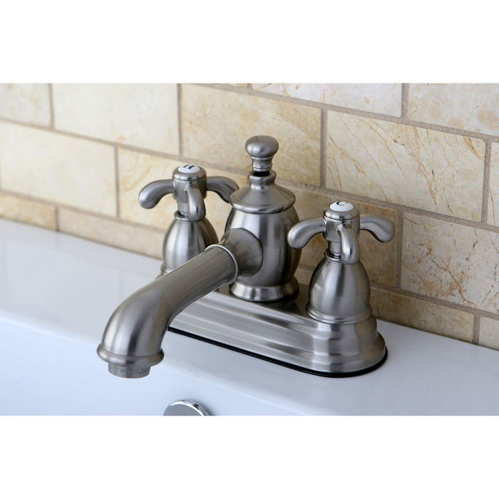 French Country KS7008TX Double-Handle 3-Hole Deck Mount 4-Inch Centerset Bathroom Faucet with Brass Pop-Up, Brushed Nickel