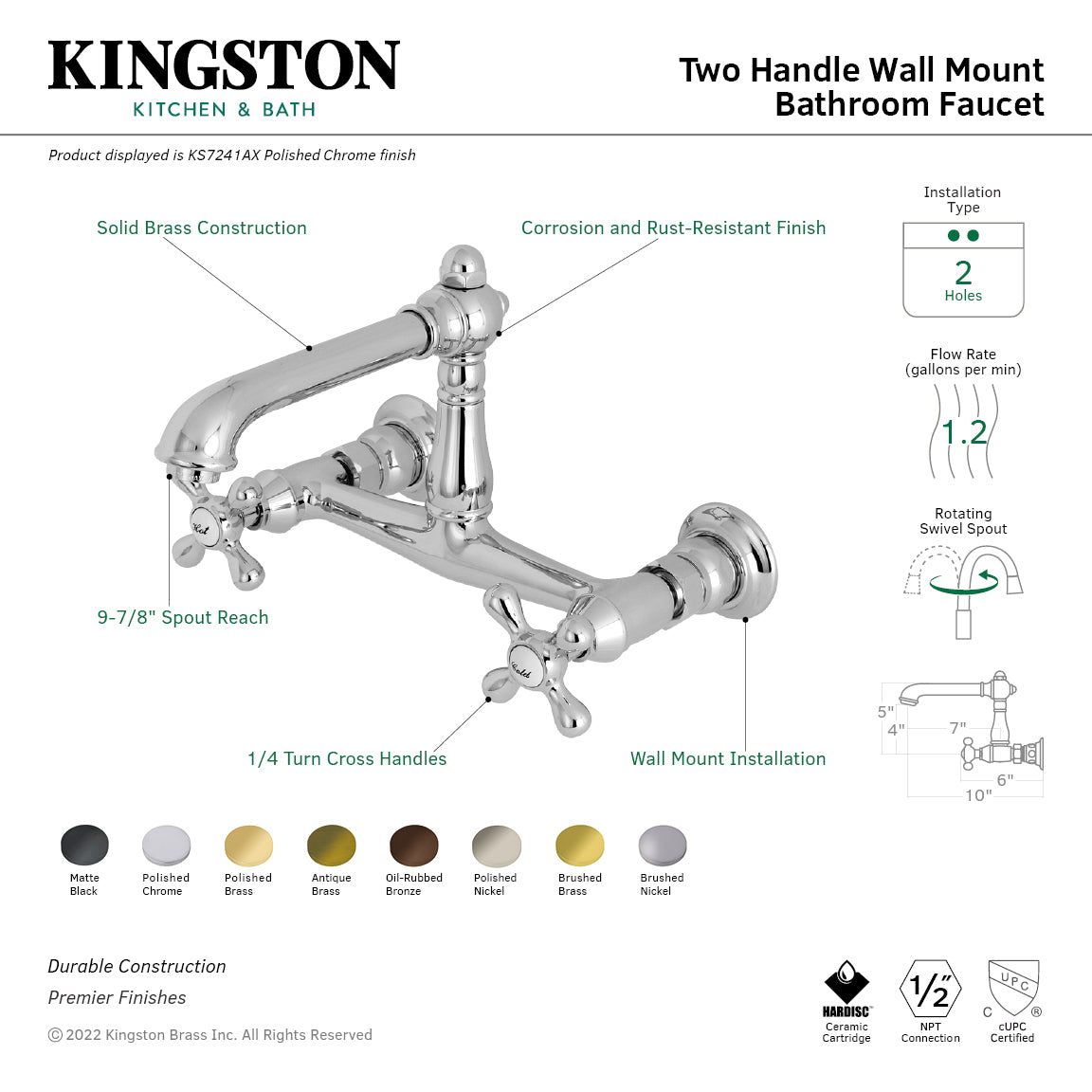 Kingston Brass KS1243AL Heritage Wall Mount Bridge Kitchen Faucet, Antique  Brass