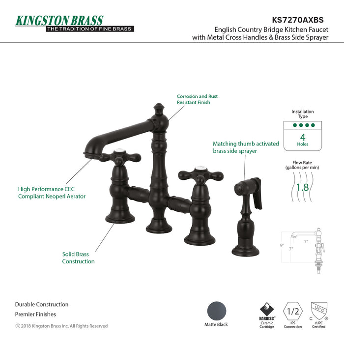 English Country KS7270AXBS Two-Handle 4-Hole Deck Mount Bridge Kitchen Faucet with Brass Side Sprayer, Matte Black