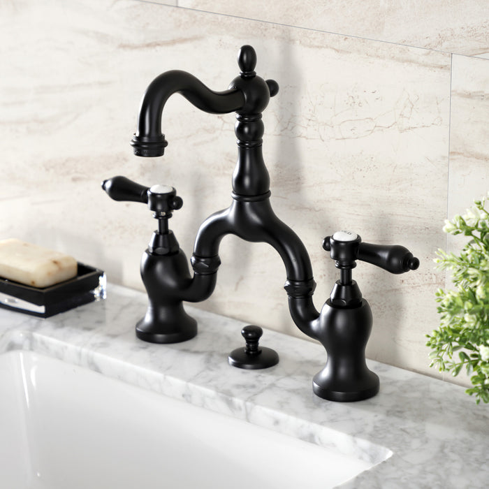 Heirloom KS7970BAL Two-Handle 3-Hole Deck Mount Bridge Bathroom Faucet with Brass Pop-Up, Matte Black