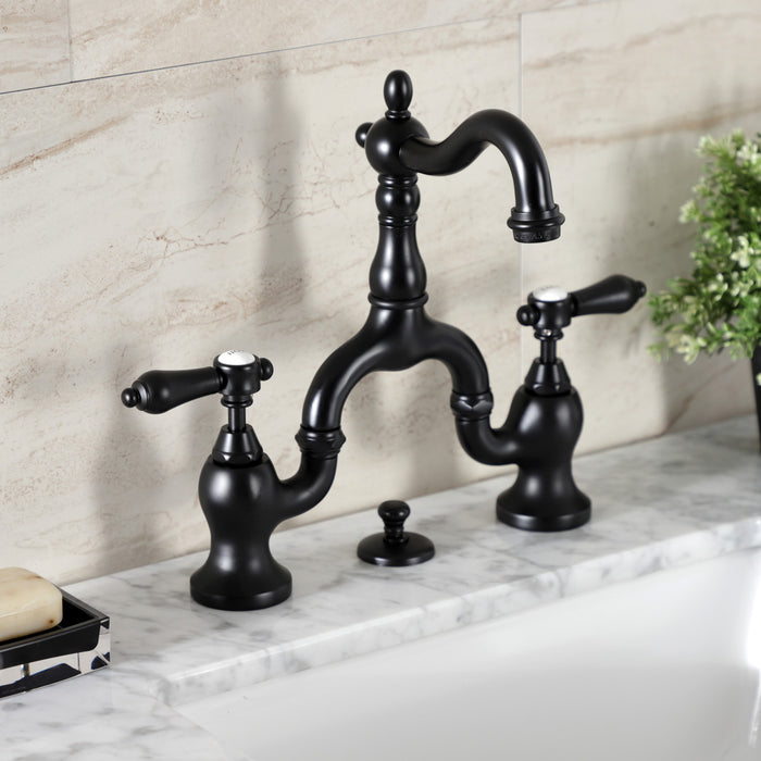 Heirloom KS7970BAL Two-Handle 3-Hole Deck Mount Bridge Bathroom Faucet with Brass Pop-Up, Matte Black