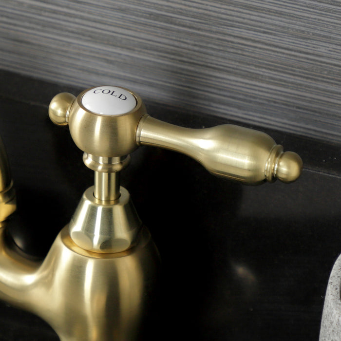 Tudor KS7977TAL Two-Handle 3-Hole Deck Mount Bridge Bathroom Faucet with Brass Pop-Up, Brushed Brass
