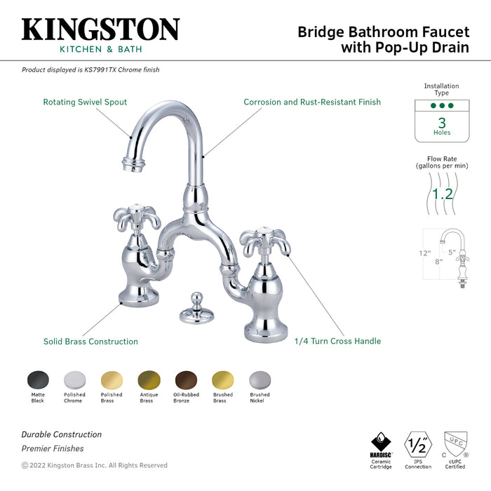 French Country KS7993TX Two-Handle 3-Hole Deck Mount Bridge Bathroom Faucet with Brass Pop-Up, Antique Brass