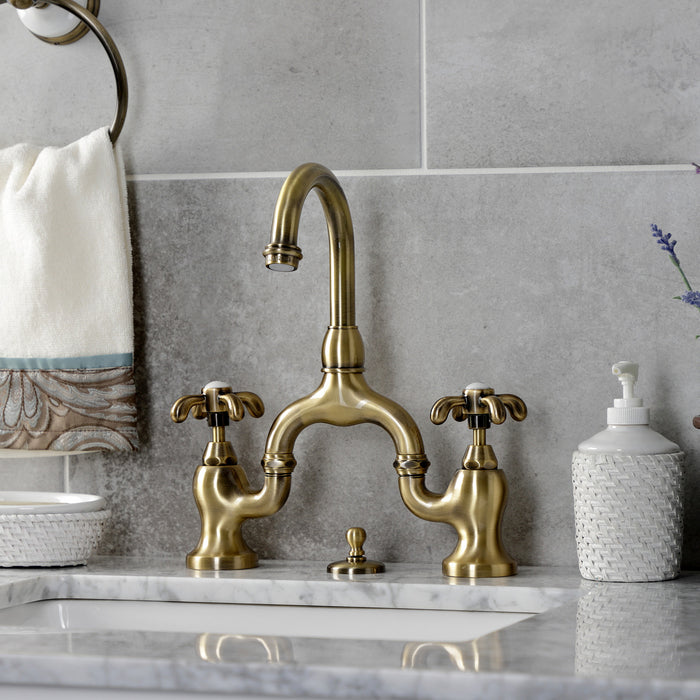 French Country KS7993TX Two-Handle 3-Hole Deck Mount Bridge Bathroom Faucet with Brass Pop-Up, Antique Brass