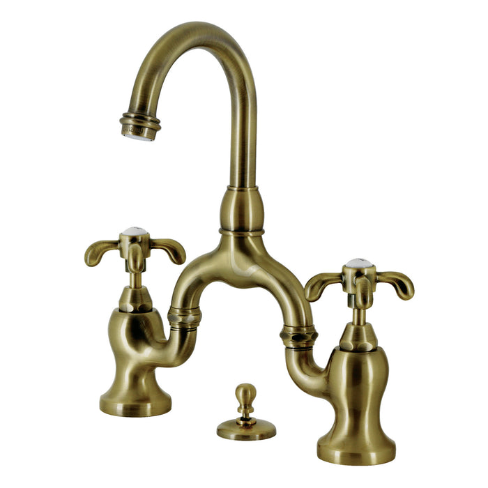 French Country KS7993TX Two-Handle 3-Hole Deck Mount Bridge Bathroom Faucet with Brass Pop-Up, Antique Brass